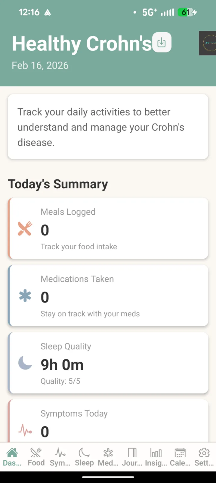 Healthy Crohns dashboard showing meals, medications, sleep and symptoms