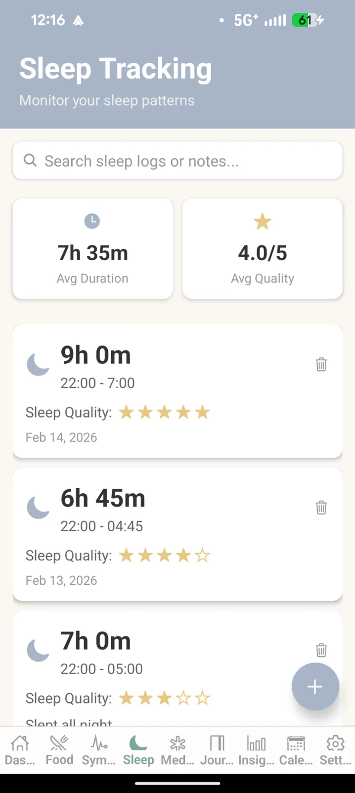 Sleep tracking screen
