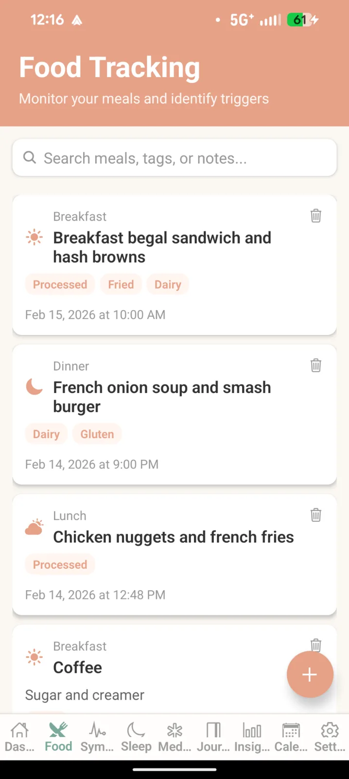 Food tracking screen with trigger tags